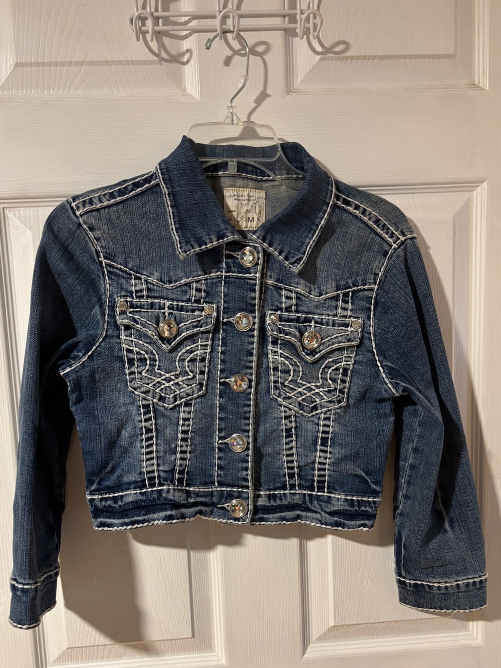 L. A. Idol Blue Denim Cropped Jacket w/White Stitching and Rhinestone Buttons M